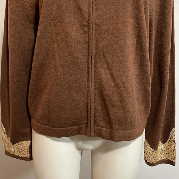 NWT Tasha Polizzi Brown Zip Front Cardigan Gold Sequin Stone Bead Detail… - Picture 3 of 16